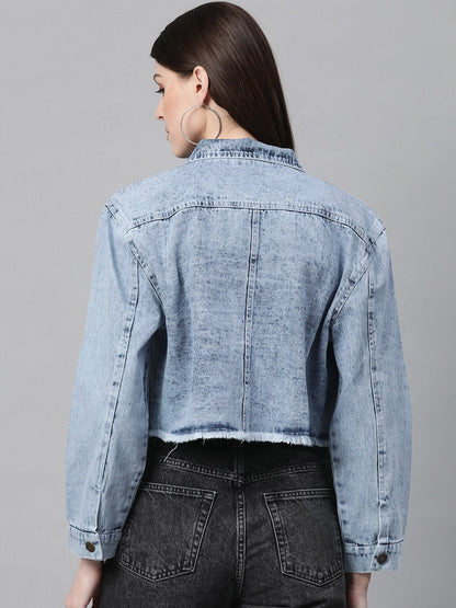 Women's Blue Washed Denim Pearl Pocket Jacket