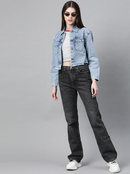 Women's Blue Washed Denim Pearl Pocket Jacket