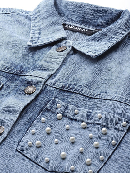 Women's Blue Washed Denim Pearl Pocket Jacket