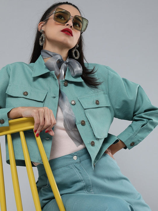 Women's Sea Green Boxy Twill Jacket