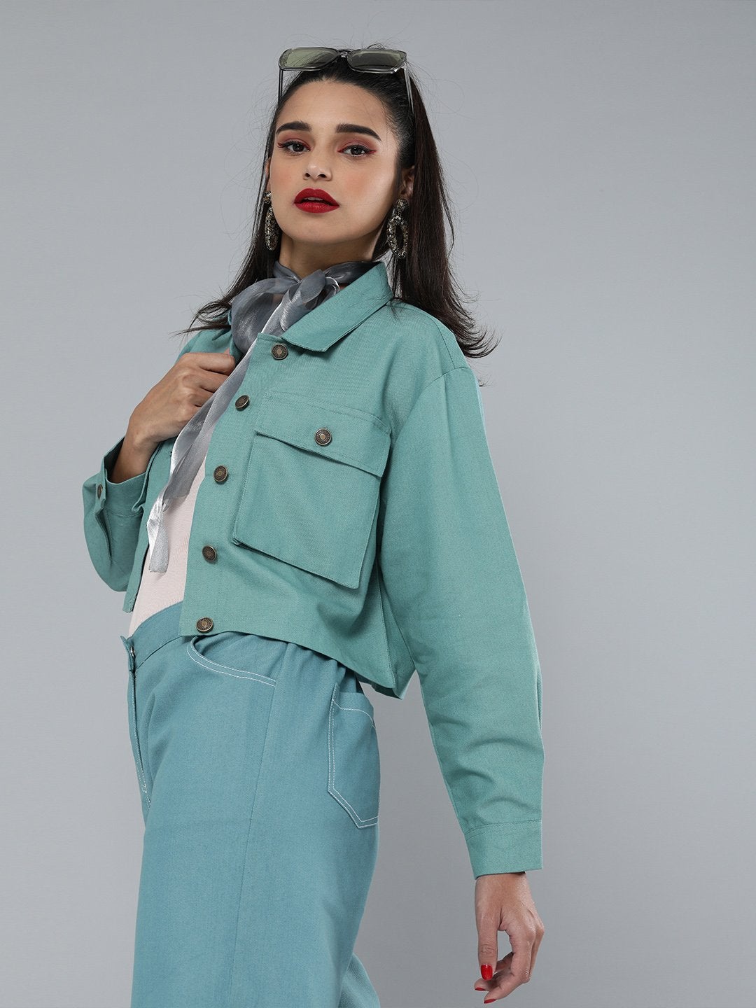 Women's Sea Green Boxy Twill Jacket