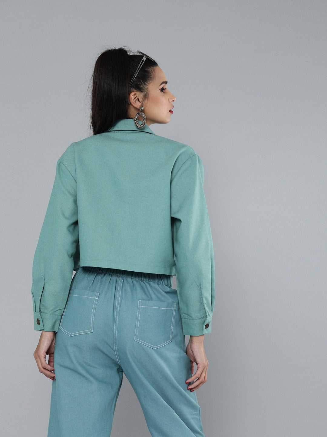 Women's Sea Green Boxy Twill Jacket
