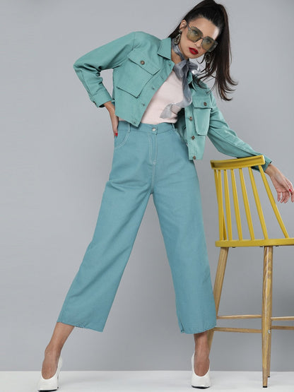 Women's Sea Green Boxy Twill Jacket
