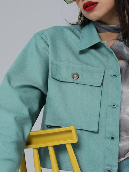 Women's Sea Green Boxy Twill Jacket