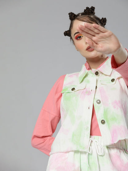 Women's Green & Pink Tie-Dye Sleeveless Jacket