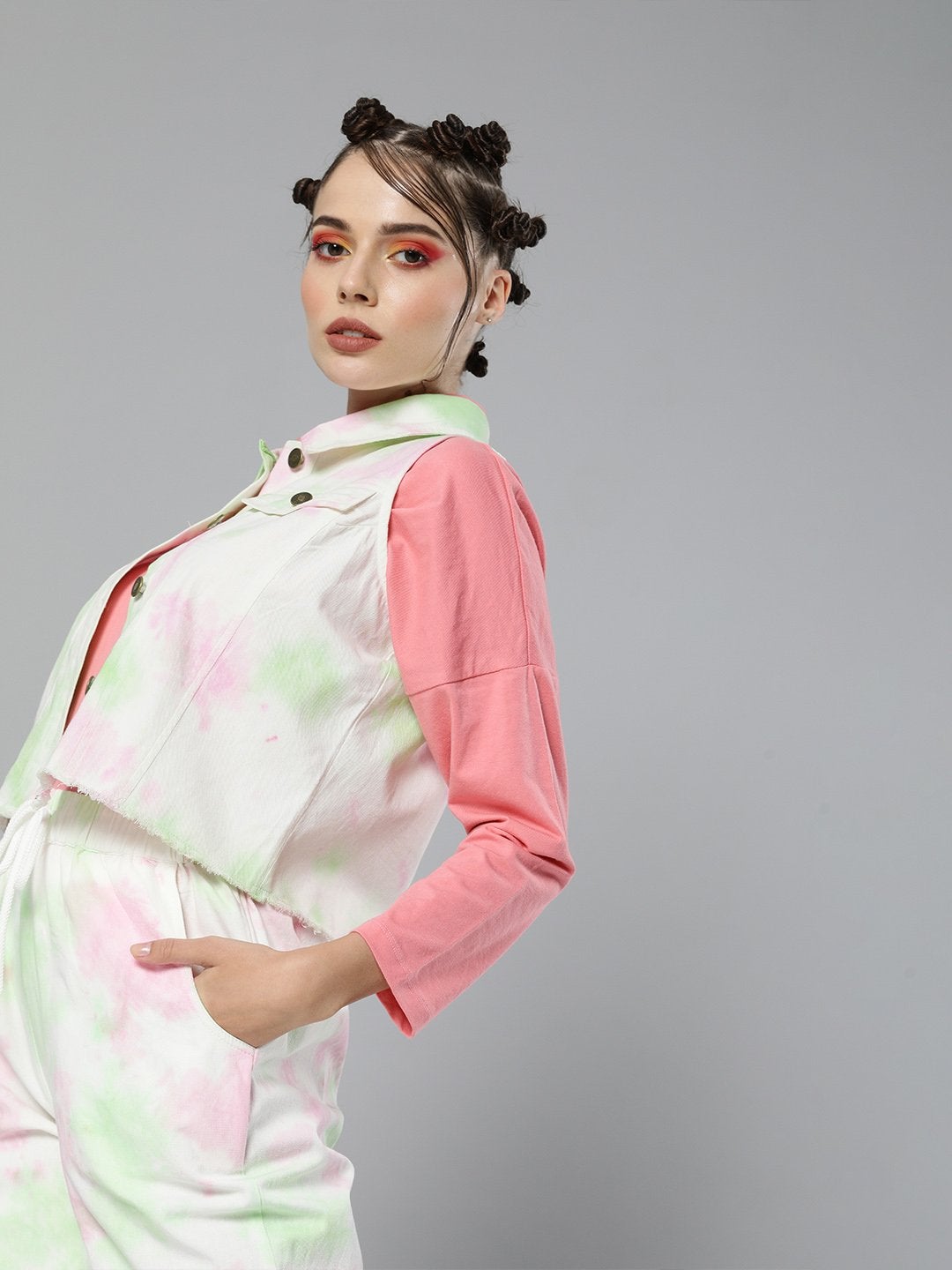 Women's Green & Pink Tie-Dye Sleeveless Jacket