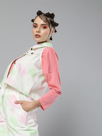 Women's Green & Pink Tie-Dye Sleeveless Jacket