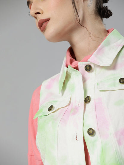Women's Green & Pink Tie-Dye Sleeveless Jacket