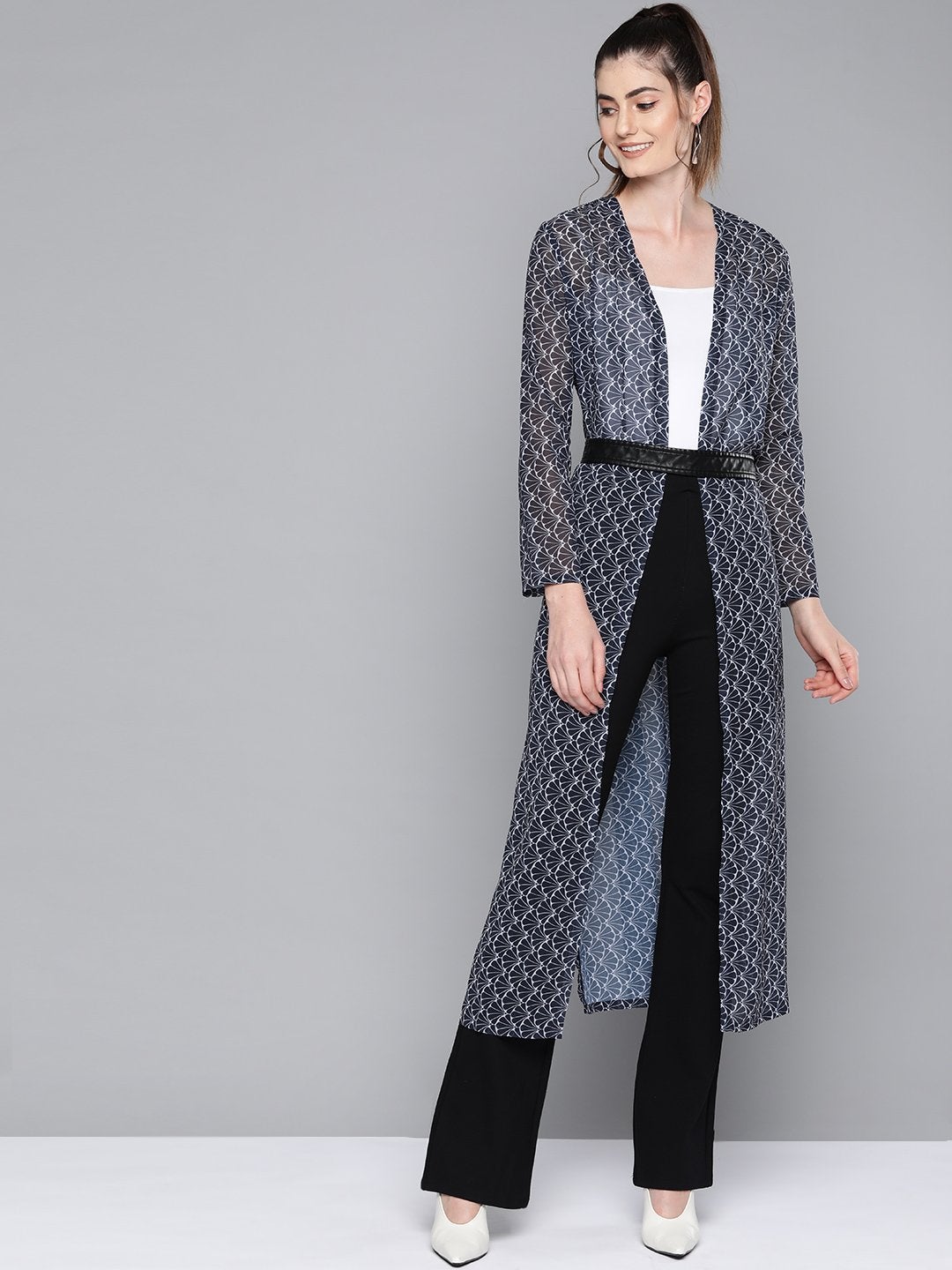 Women's Navy Floral Geo Print Side Slit Shrug