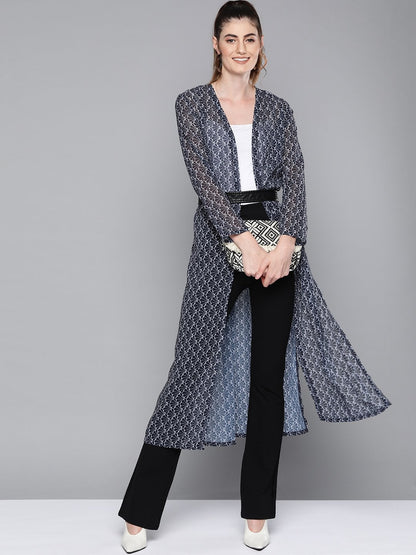 Women's Navy Floral Geo Print Side Slit Shrug