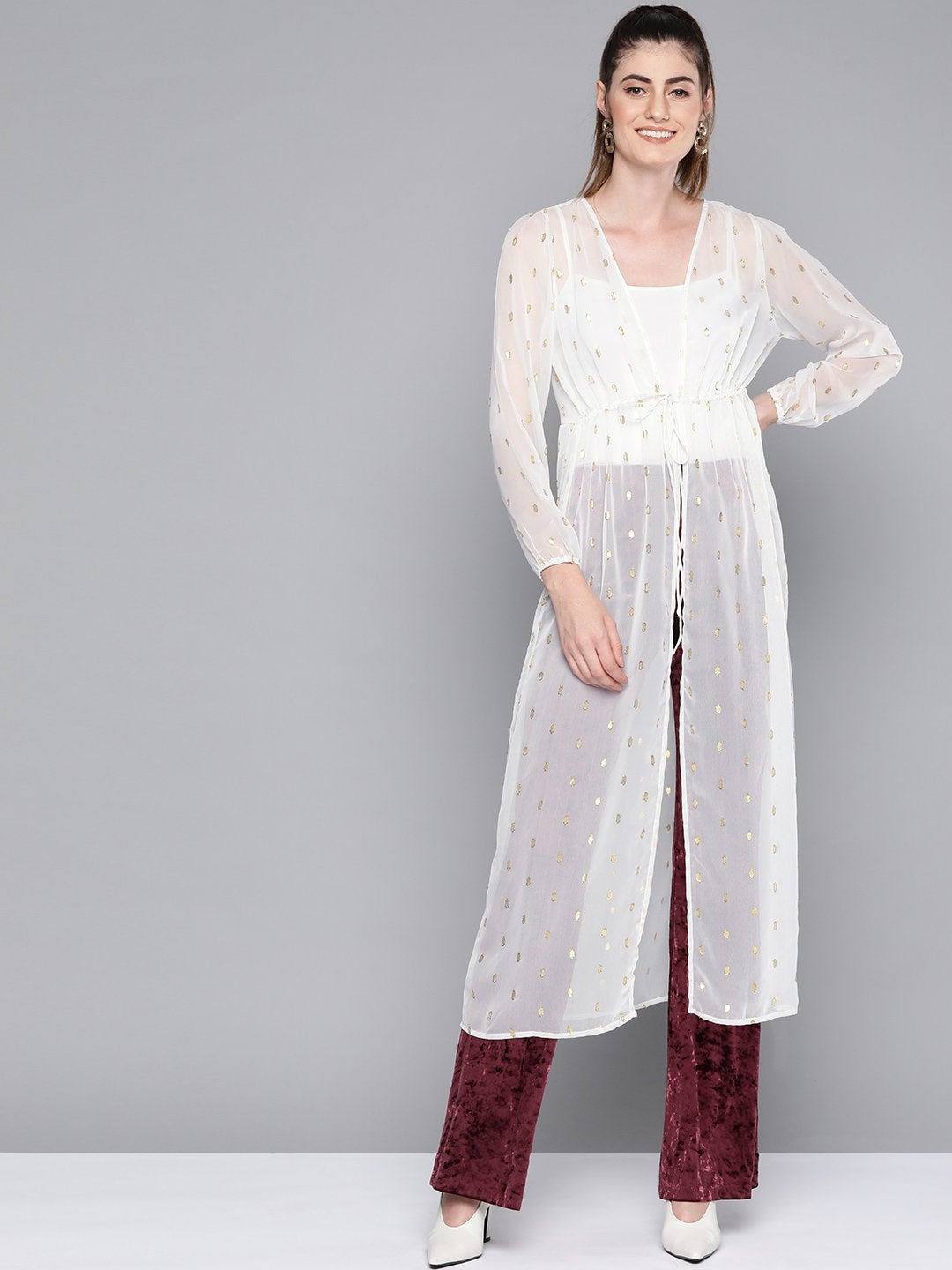 Women's White Lurex Drawstring From Open Shrug