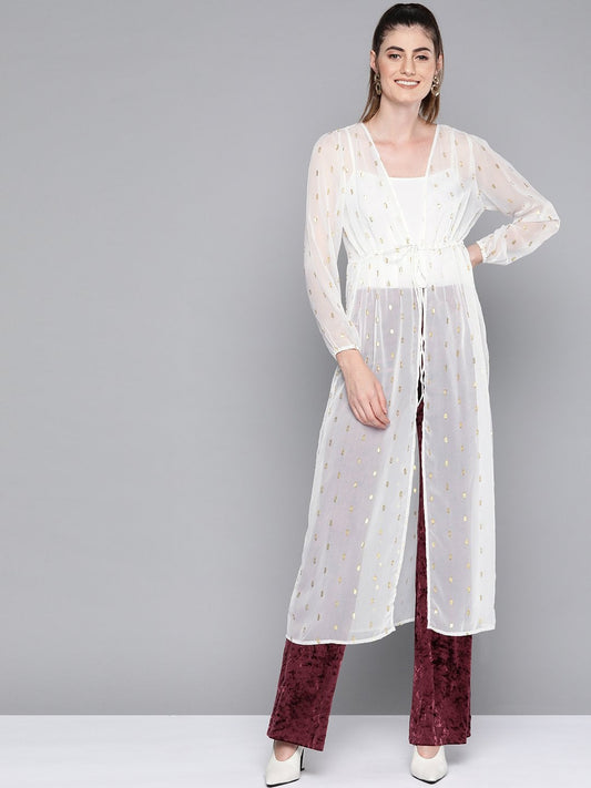 Women's White Lurex Drawstring From Open Shrug