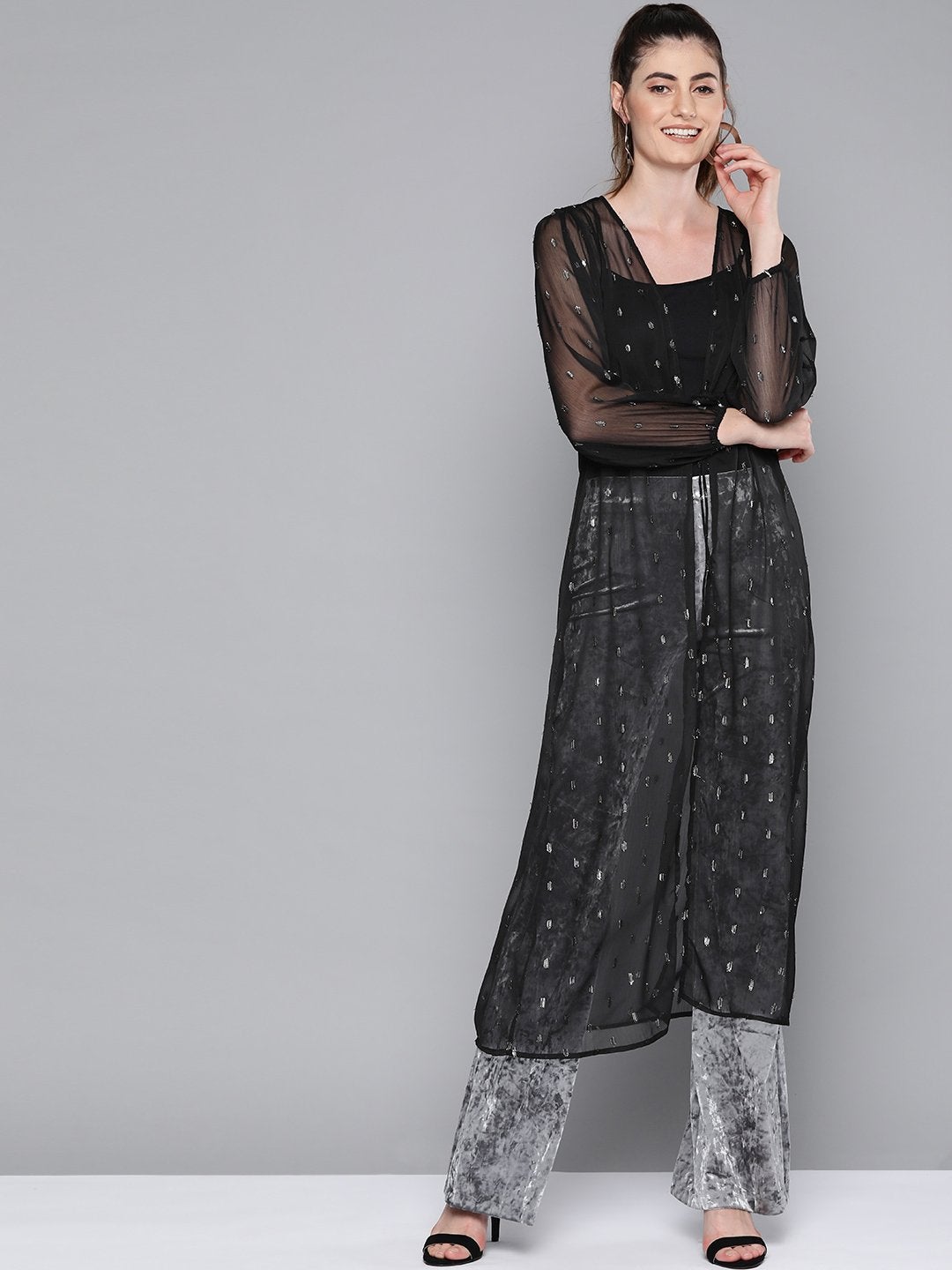 Women's Black Lurex Drawstring From Open Shrug
