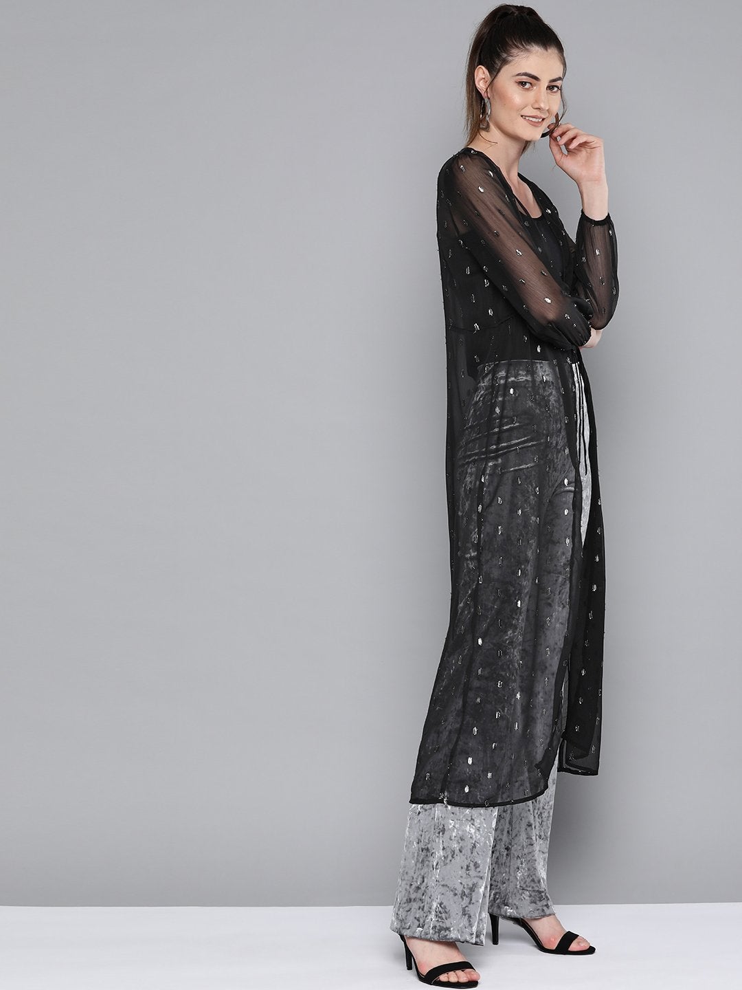 Women's Black Lurex Drawstring From Open Shrug