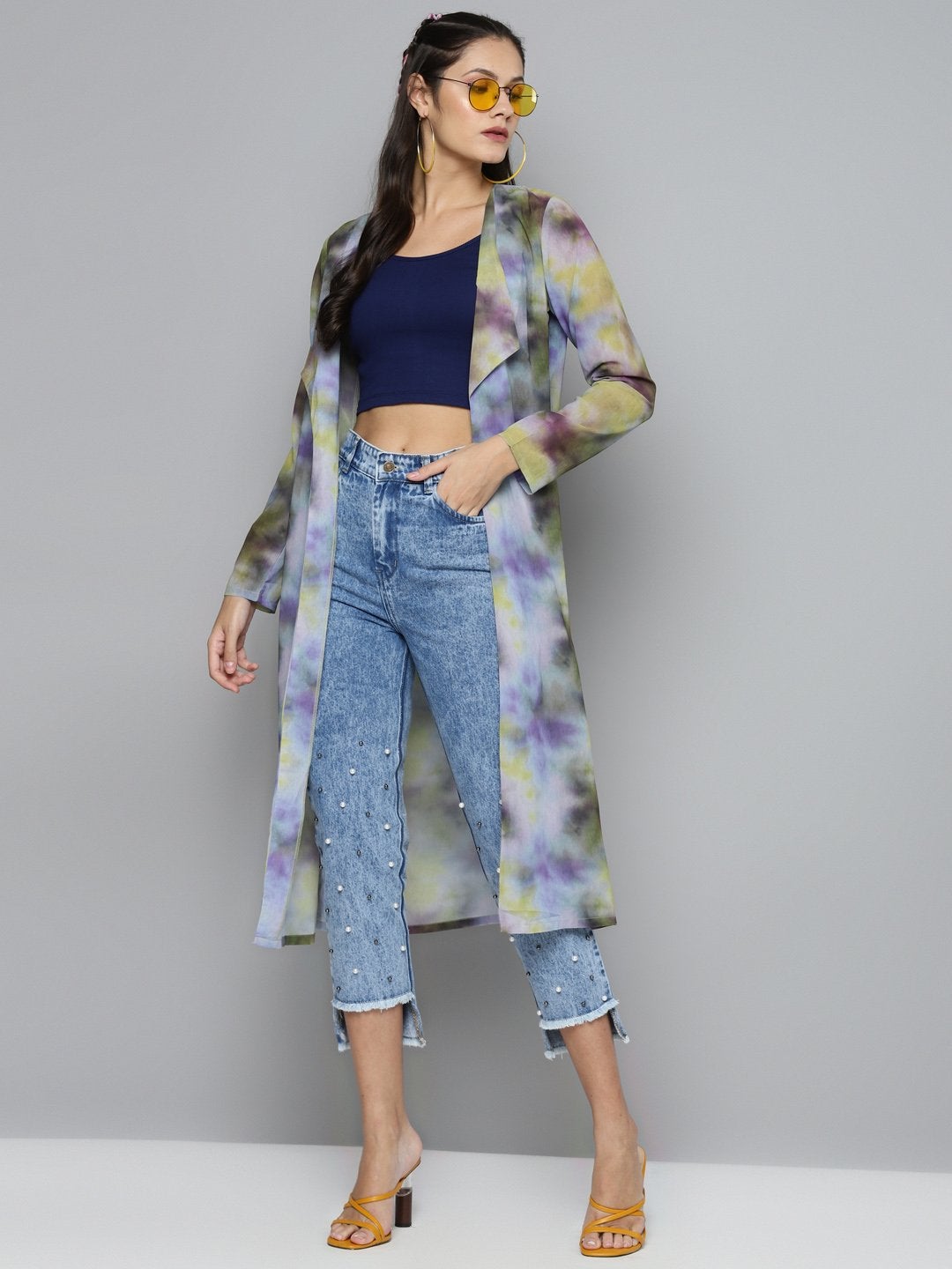 Women's Yellow & Purple Tie-Dye Print Shrug