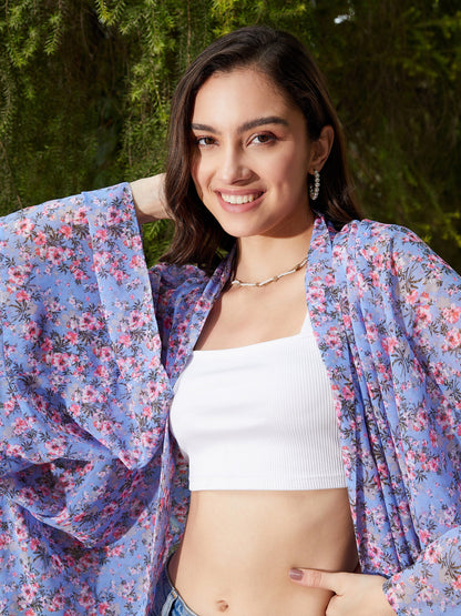 Women's Blue Floral Front Open Shrug