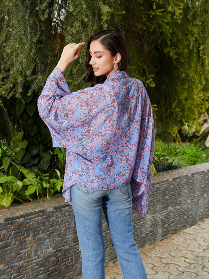 Women's Blue Floral Front Open Shrug