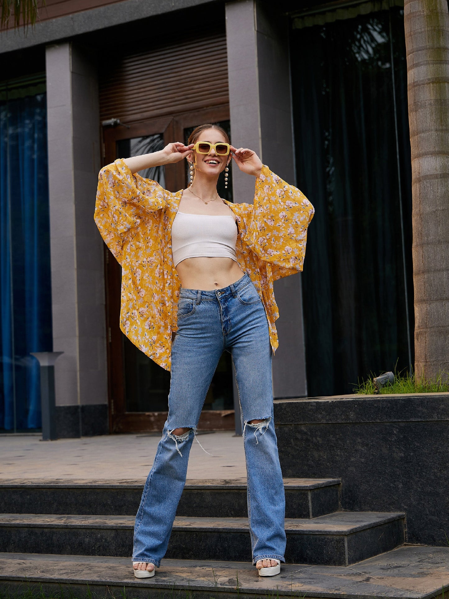 Women's Yellow Floral Front Open Shrug