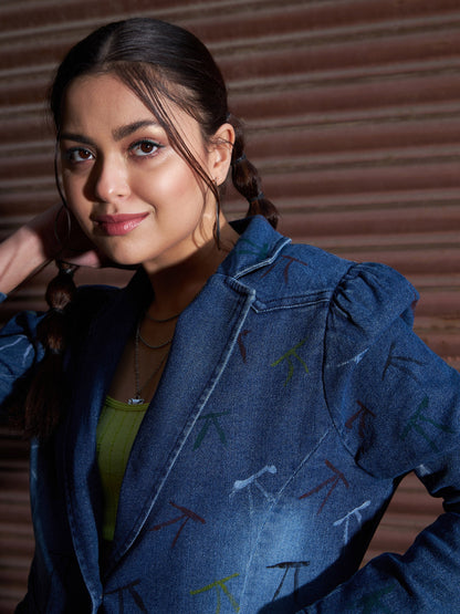 Women's Blue Denim Paint Strokes Classic Blazer