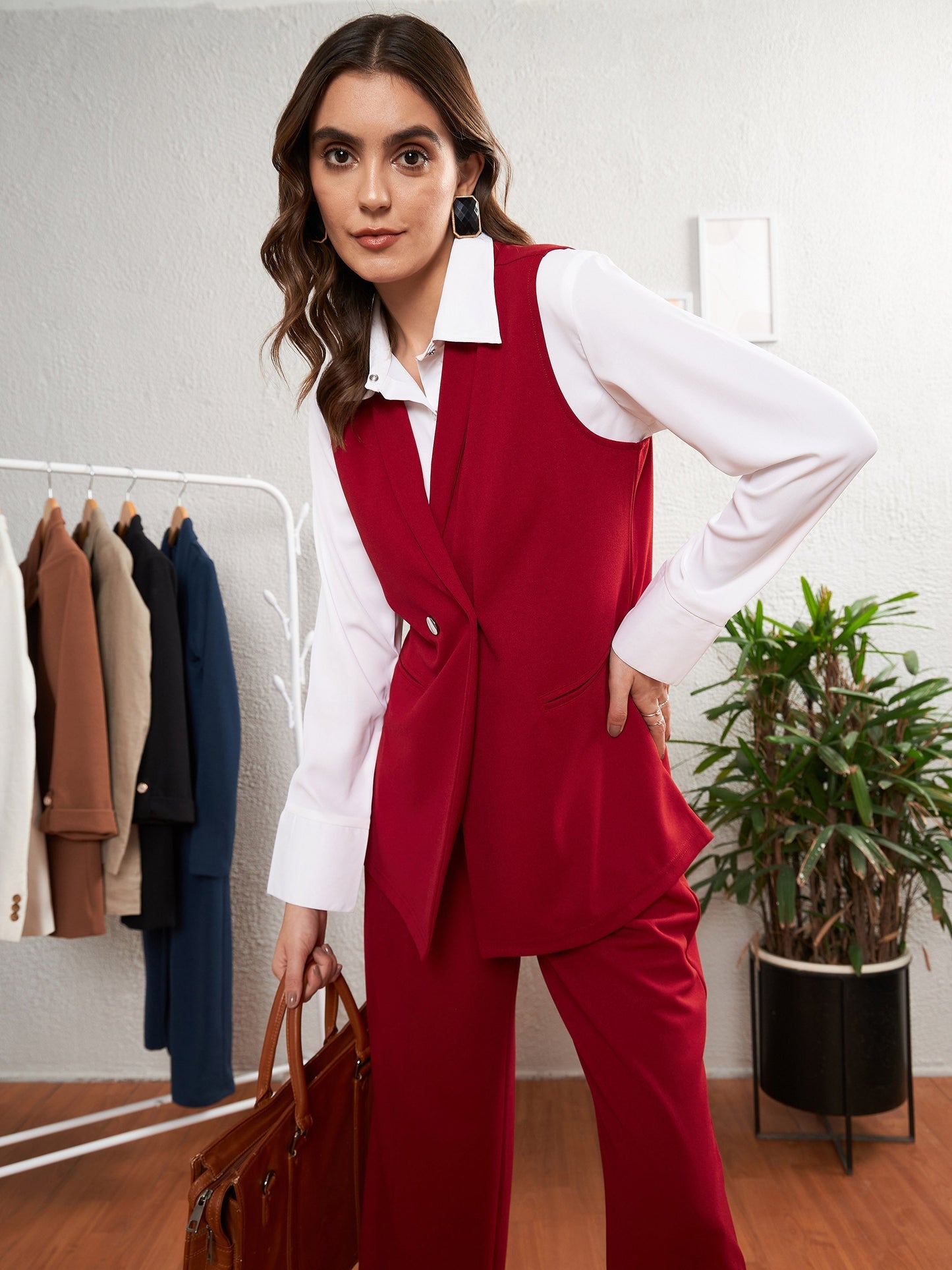 Women's Red Double-Breast Sleeveless Longline Blazer