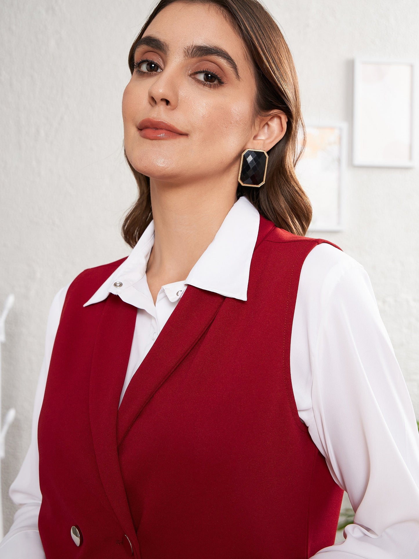 Women's Red Double-Breast Sleeveless Longline Blazer