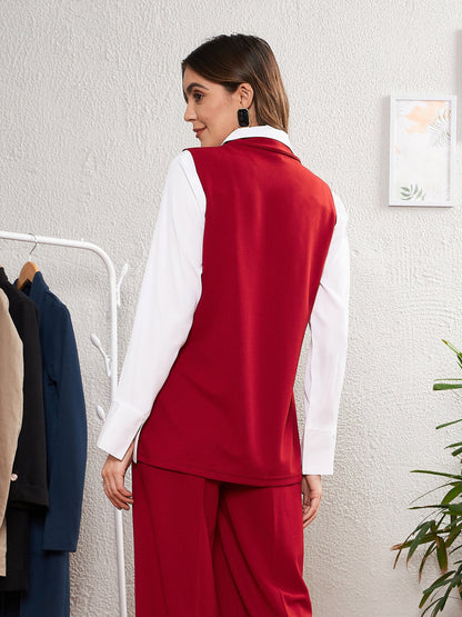 Women's Red Double-Breast Sleeveless Longline Blazer