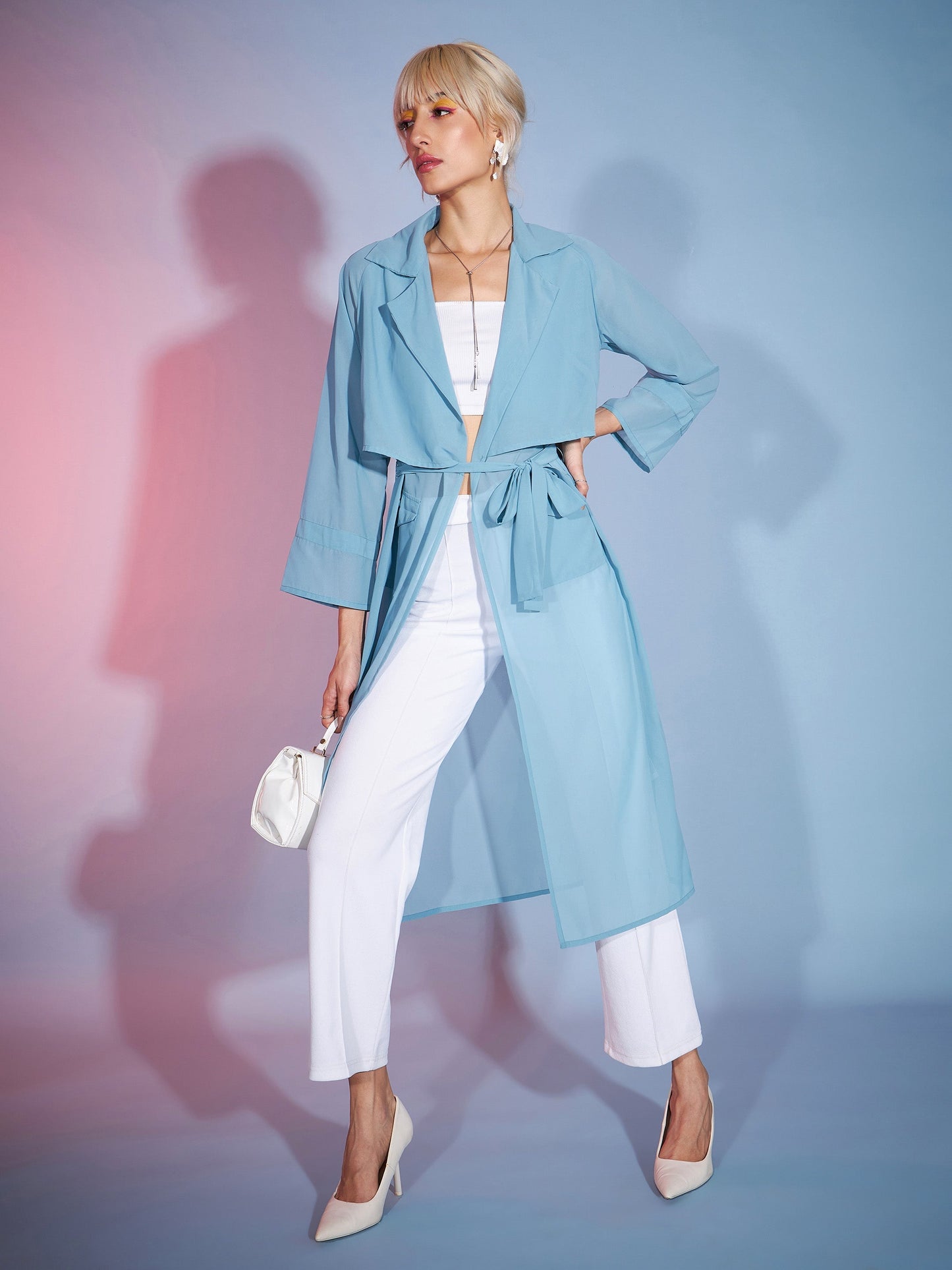 Women's Blue Loose Fit Front Open Shrug