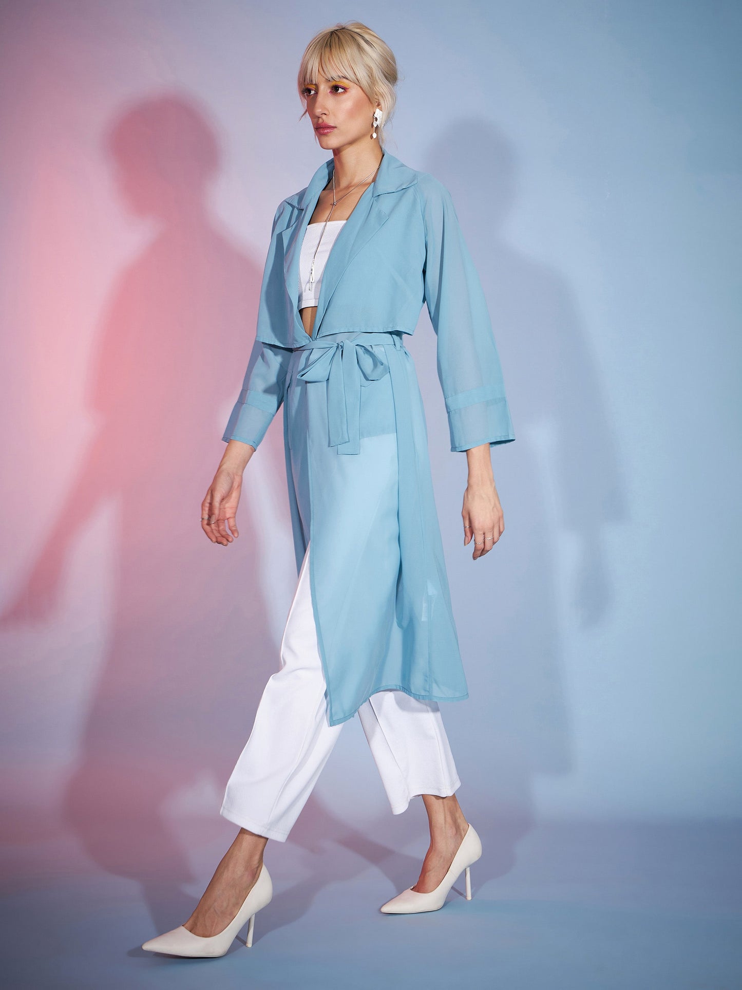 Women's Blue Loose Fit Front Open Shrug