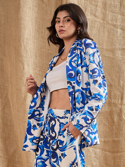 Women's Blue Printed Blazer