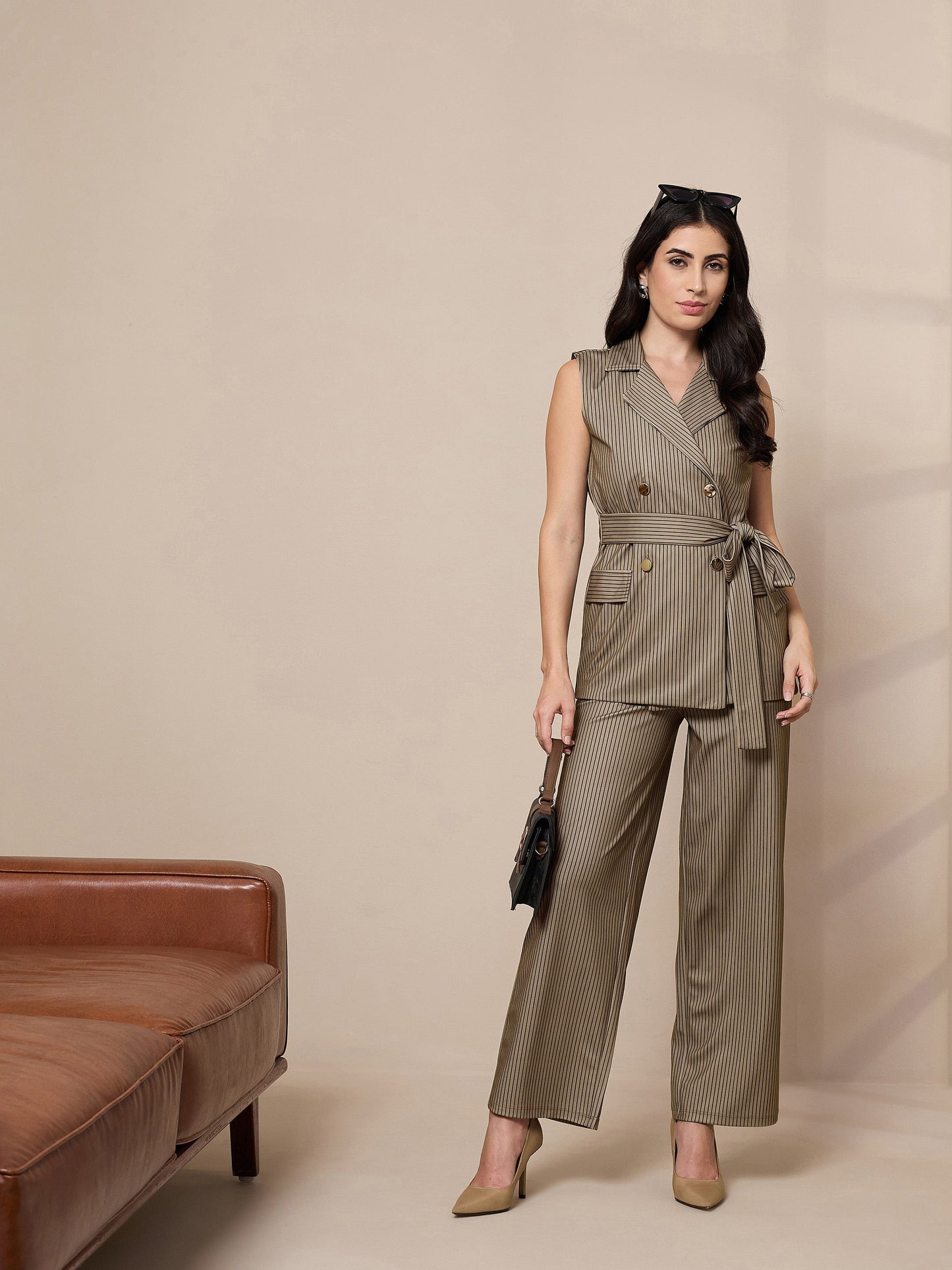 Women's Beige Striped Co-Ord Set