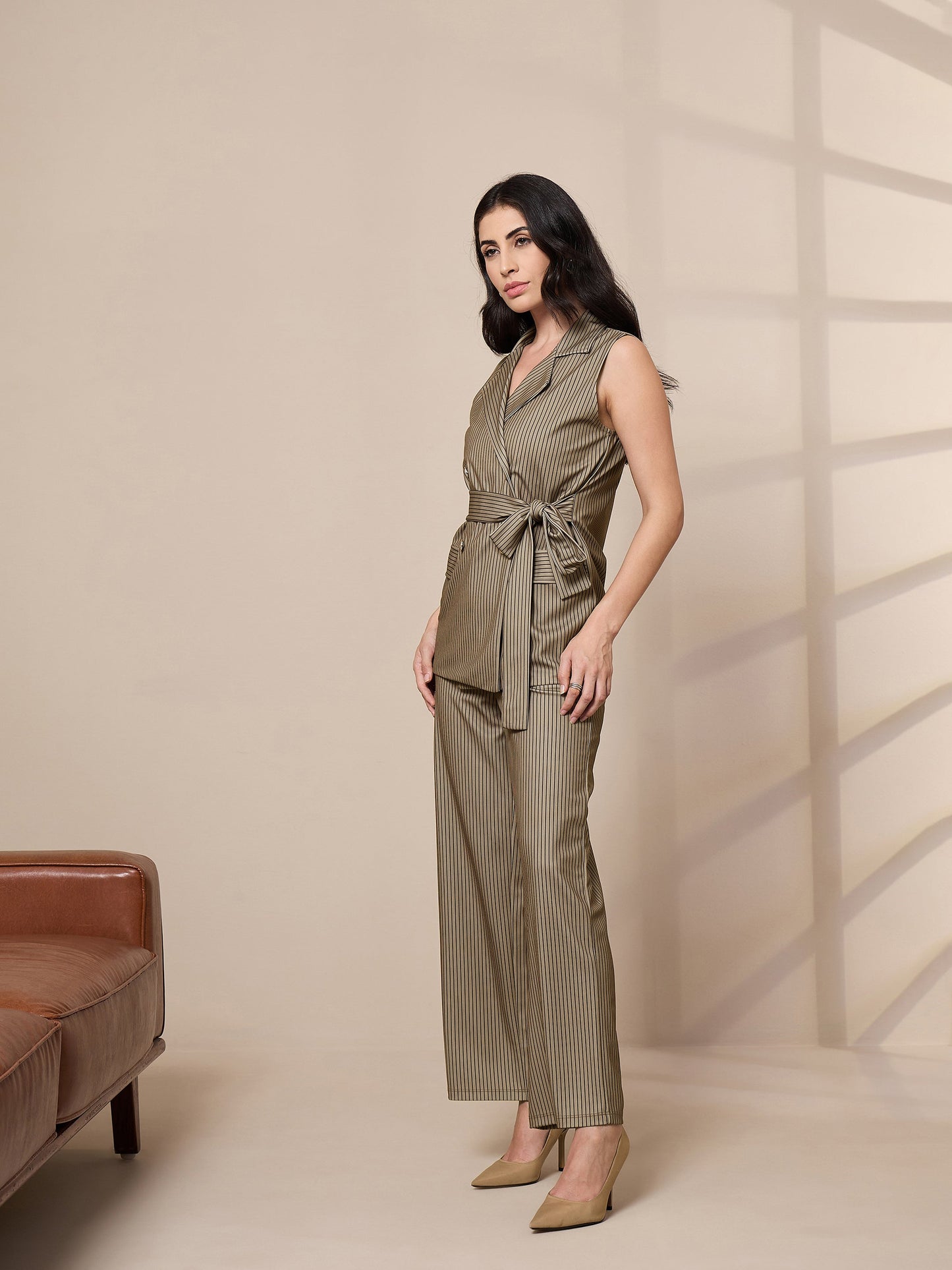 Women's Beige Striped Co-Ord Set