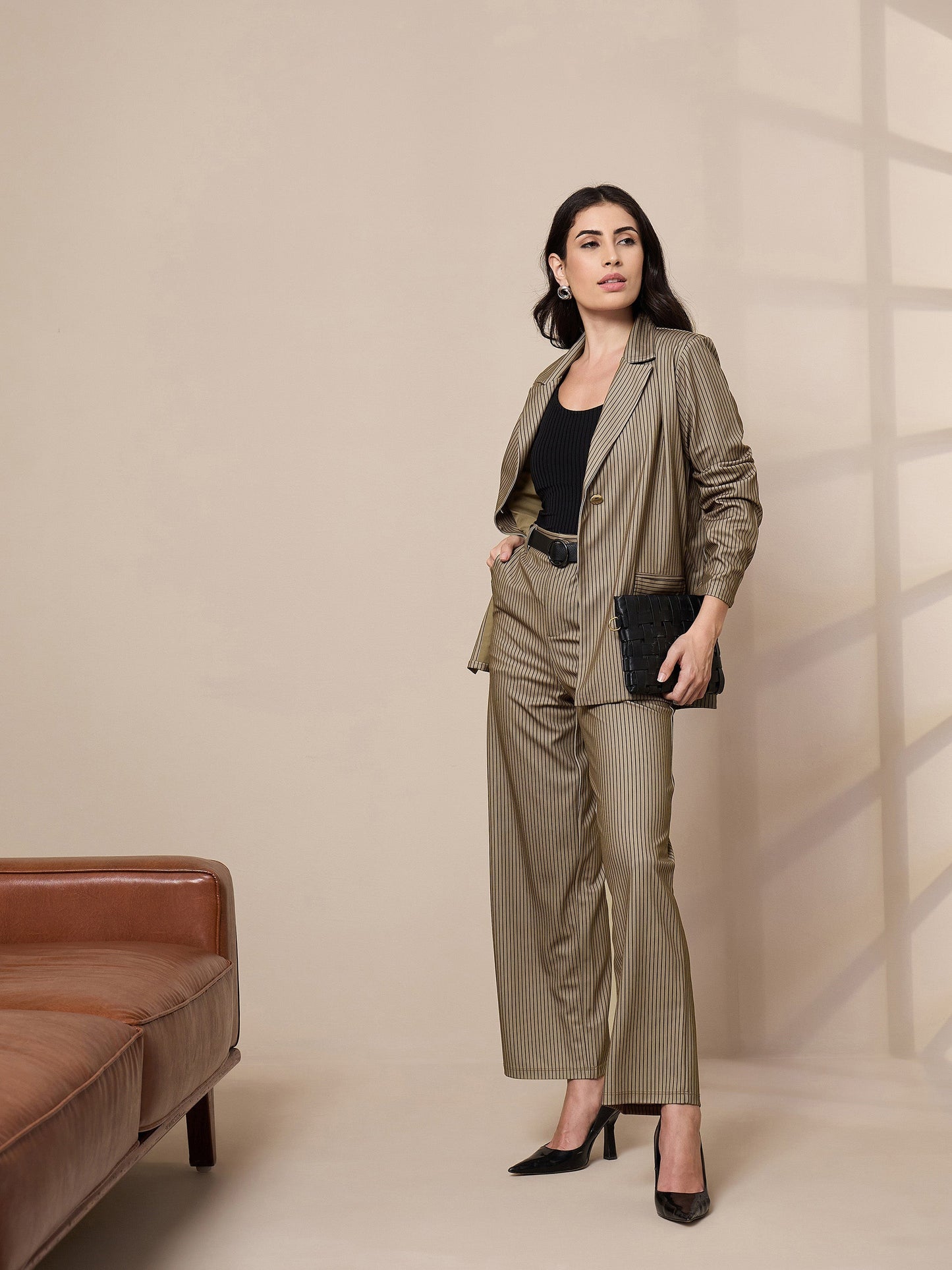 Women's Beige Striped Blazer