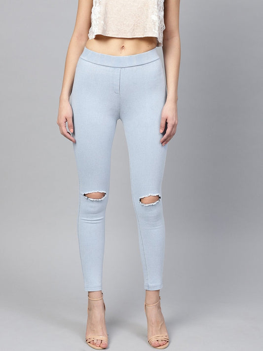 Women's Blue Knee Slit Jeggings