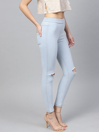 Women's Blue Knee Slit Jeggings