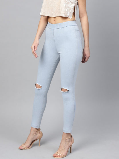 Women's Blue Knee Slit Jeggings