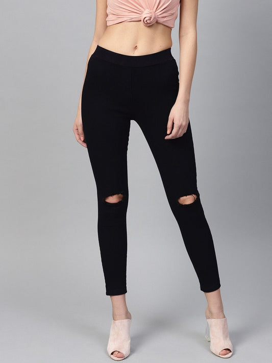 Women's Black Knee Slit Jeggings