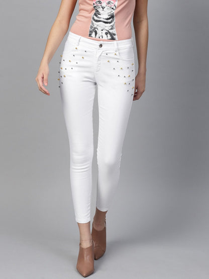 Women's White Front Pocket Embellished Jeans