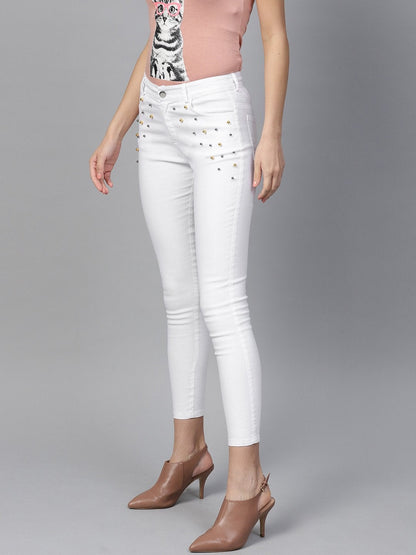 Women's White Front Pocket Embellished Jeans