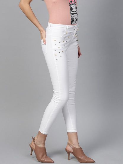 Women's White Front Pocket Embellished Jeans