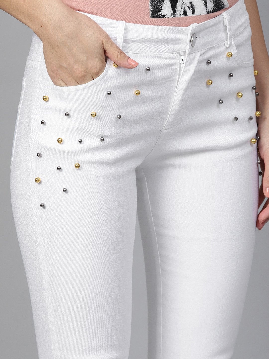 Women's White Front Pocket Embellished Jeans