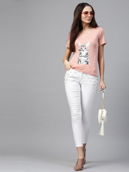 Women's White Front Pocket Embellished Jeans