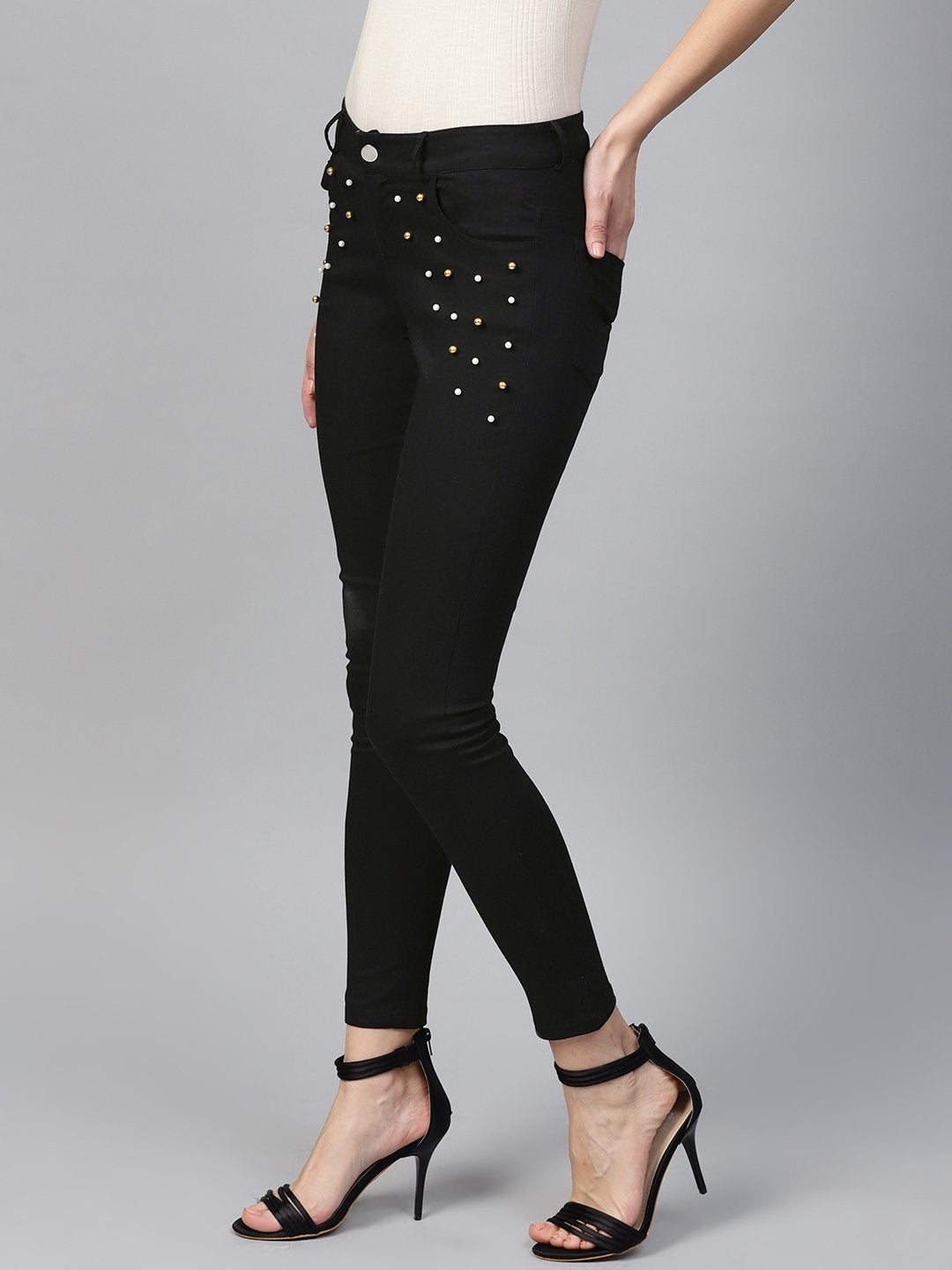 Women's Black Front Pocket Embellished Jeans