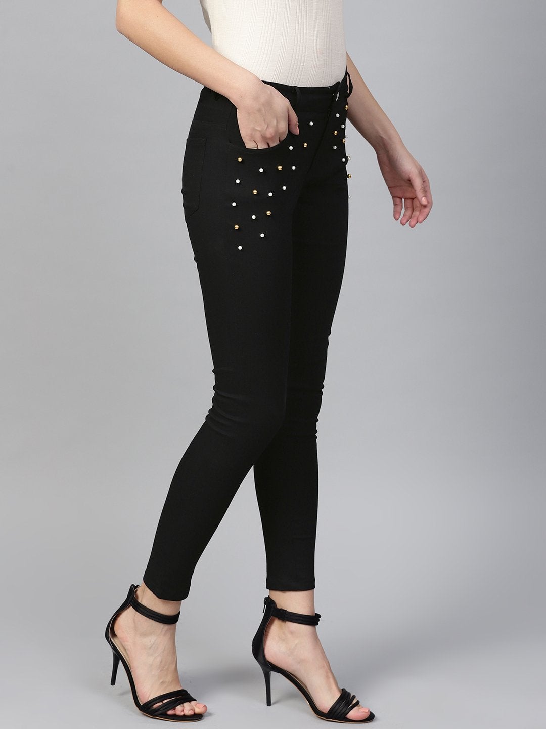 Women's Black Front Pocket Embellished Jeans