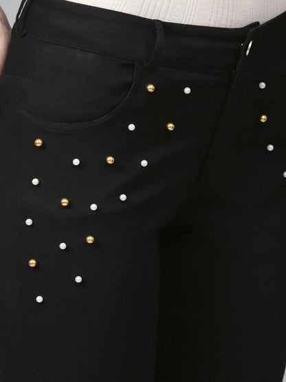Women's Black Front Pocket Embellished Jeans
