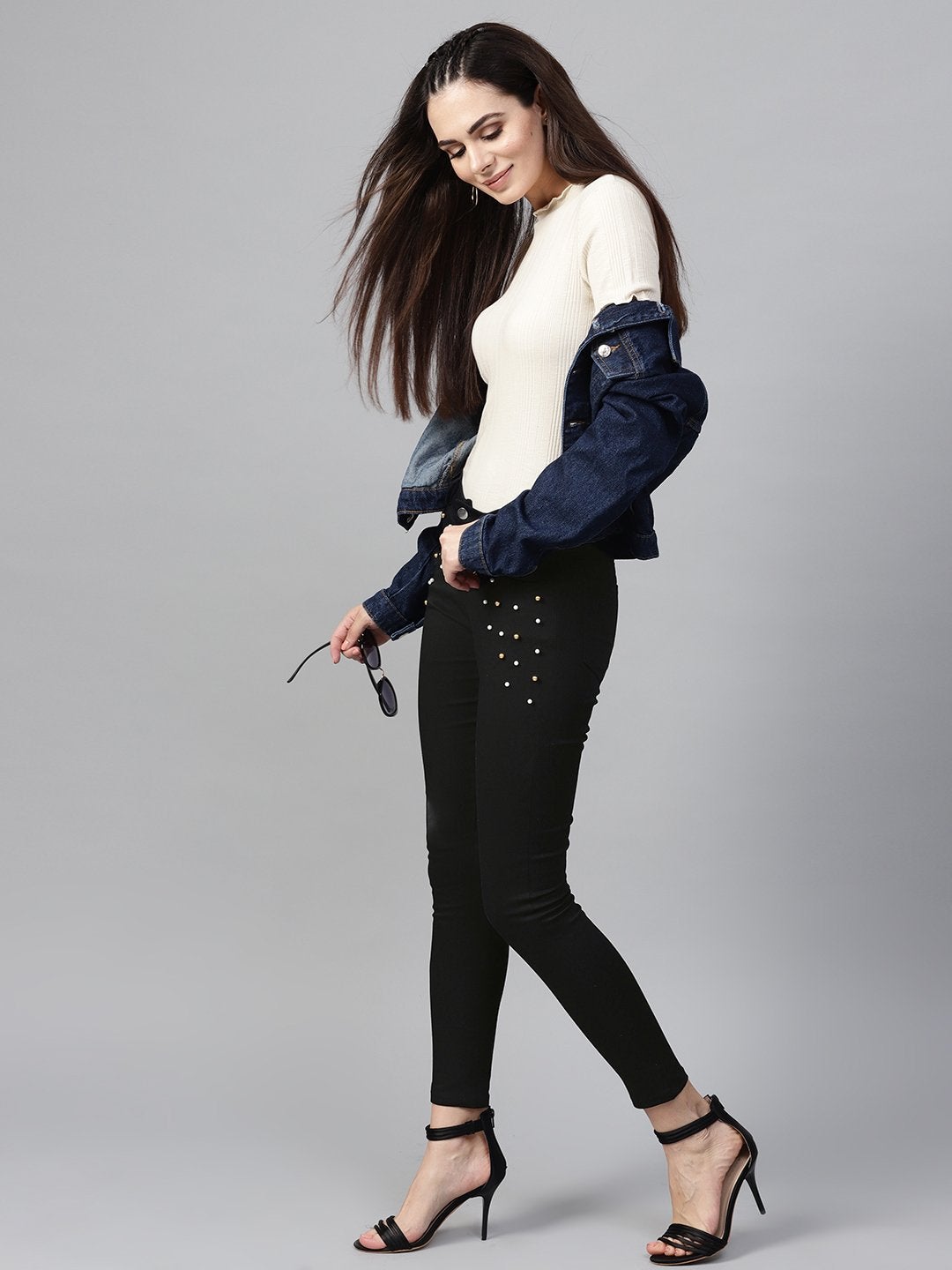 Women's Black Front Pocket Embellished Jeans
