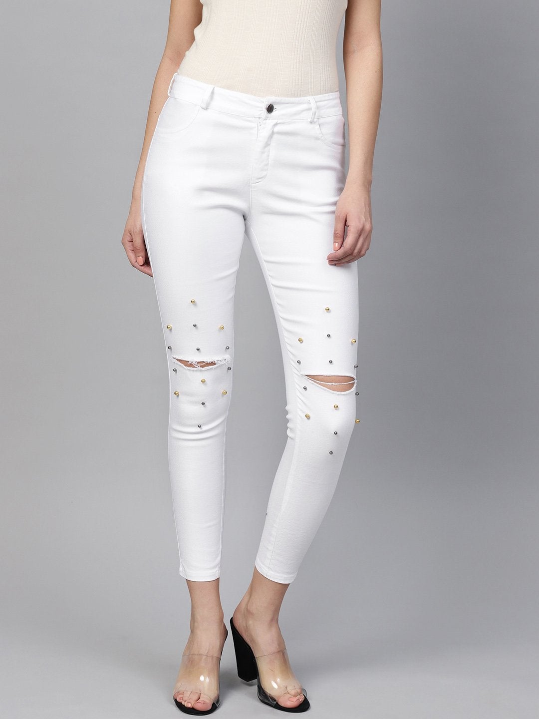 Women's White Pearl Embellished Slit Knee Jeans