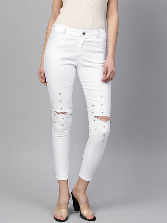 Women's White Pearl Embellished Slit Knee Jeans