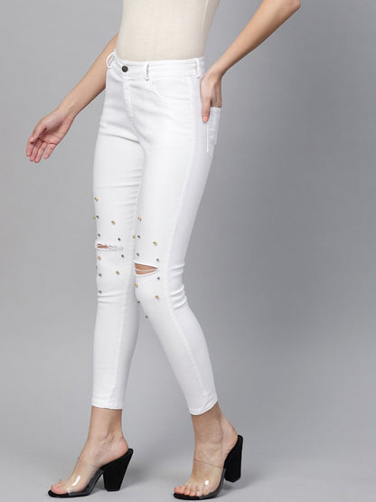 Women's White Pearl Embellished Slit Knee Jeans