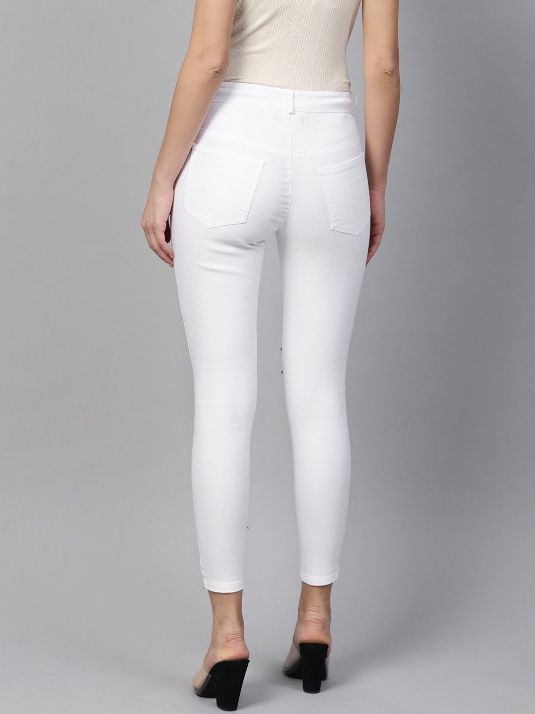Women's White Pearl Embellished Slit Knee Jeans