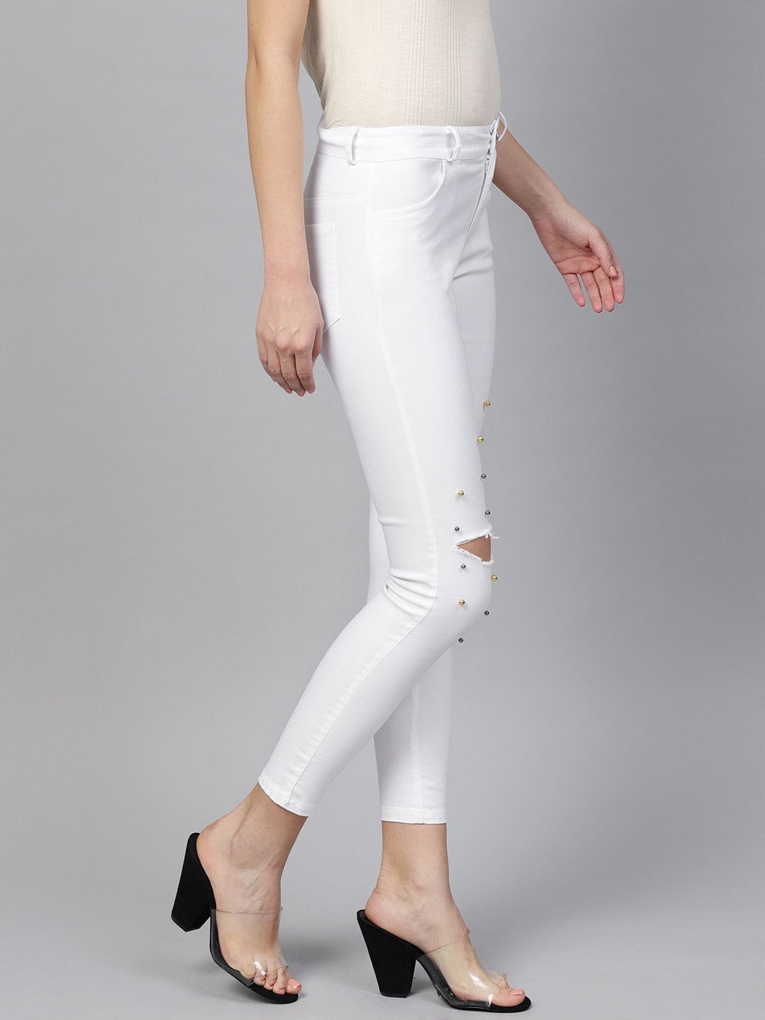 Women's White Pearl Embellished Slit Knee Jeans